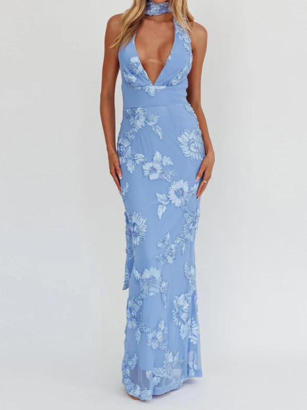 Elegant V-Neck Maxi Dress with Lace Detailing Sleeveless Backless Evening Gown for Formal Events and Weddings