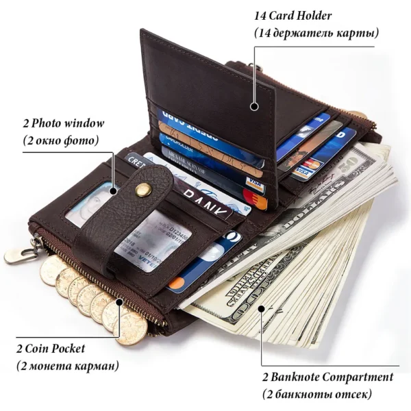 HUMERPAUL Genuine Leather Wallet For Men Anti-Theft Card Holder Purse With Coin Pocket Multifunctional Zipper Money Bag RFID - Image 4