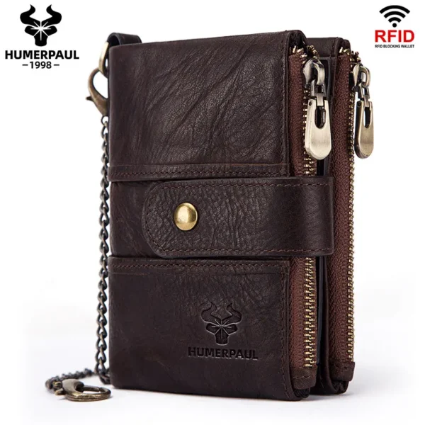 HUMERPAUL Genuine Leather Wallet For Men Anti-Theft Card Holder Purse With Coin Pocket Multifunctional Zipper Money Bag RFID