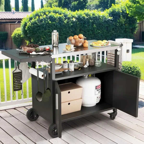 Outdoor Grill Cart with Storage,Patio Kitchen Island Outdoor Grill Table with Wheels,BBQ Cart Movable Pizza Oven Table Stand - Image 6