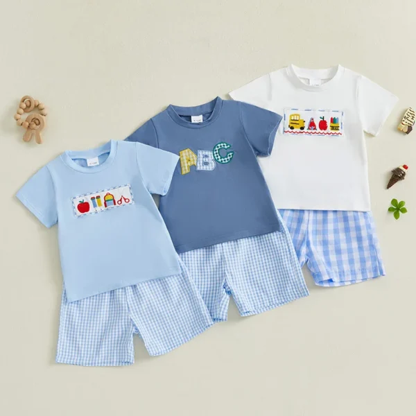 Pudcoco Infant 2Pcs Baby Boy Summer Outfits Short Sleeve Embroidery T-Shirt + Plaid Shorts Set Toddler Clothes 3M-3T