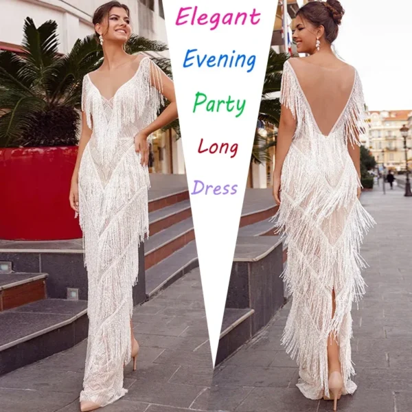 Sexy Wedding Dress Deep V Neck Tassels Dresses Sleeveless Long Dresses Evening Prom Gowns Elegant Wedding Guest Dresses - Image 2