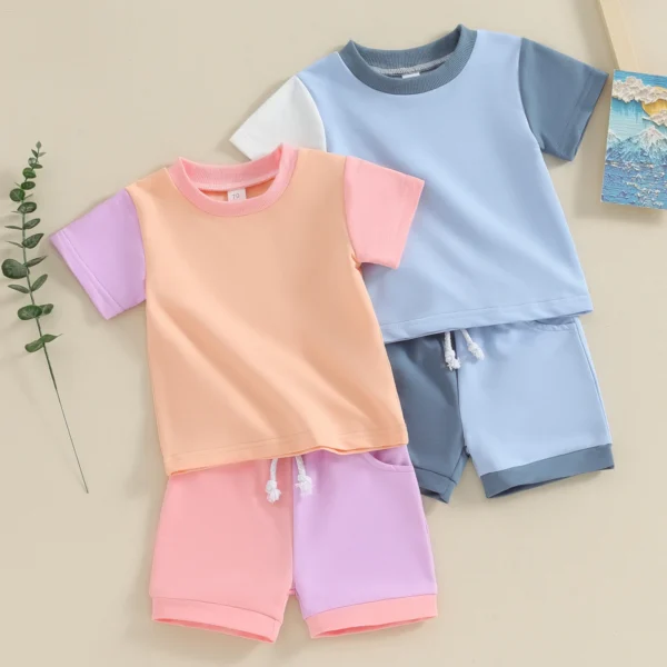 Citgeett Summer Toddler Girls Boys Shorts Sets Short Sleeve Contrast Color Tops and Drawstring Shorts Clothes Sets