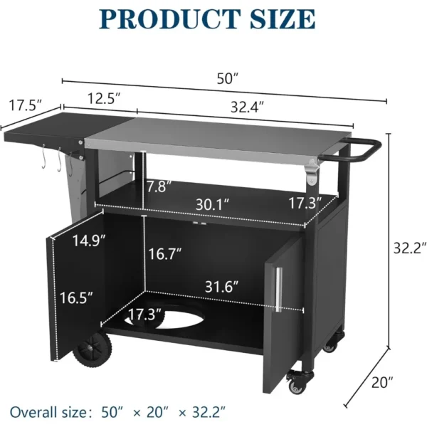 Outdoor Grill Cart with Storage,Patio Kitchen Island Outdoor Grill Table with Wheels,BBQ Cart Movable Pizza Oven Table Stand - Image 2