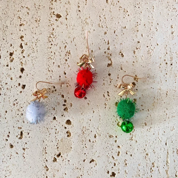 Lxalry Festive Trio-Color Pom-Pom & Bells Dangle Earrings, Velvet-Touch Lightweight Jewelry for Christmas Parties & Holiday Glam - Image 3