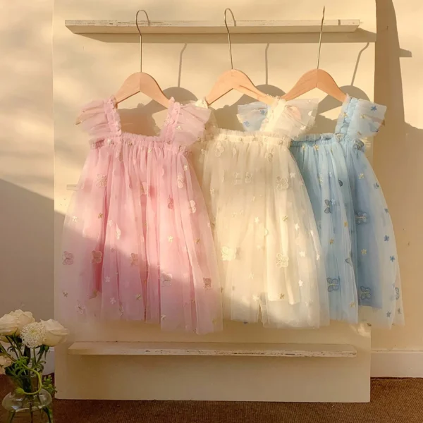 Toddler Girls Fl Sleeves Mesh EmbroideryHoliday Party Costume Dress Dance Party Dresses Clothes Girl Dress Satin