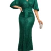 Women Sequin Dress Summer elegant V-Neck Ruffles Short Sleeves Vintage Pencil Pleats Slim Fit Fashion Banquet Cocktail Party