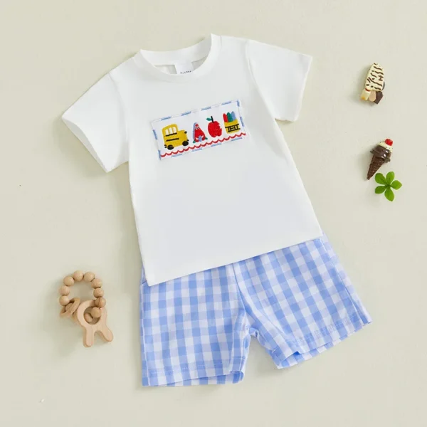 Pudcoco Infant 2Pcs Baby Boy Summer Outfits Short Sleeve Embroidery T-Shirt + Plaid Shorts Set Toddler Clothes 3M-3T - Image 2