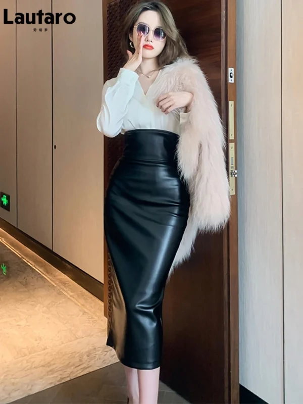 Lautaro Spring Midi Black Soft Pu Leather Pencil Skirt Women with Back Slit Belt High Waist Long Office Skirts Fashion 2022 - Image 4