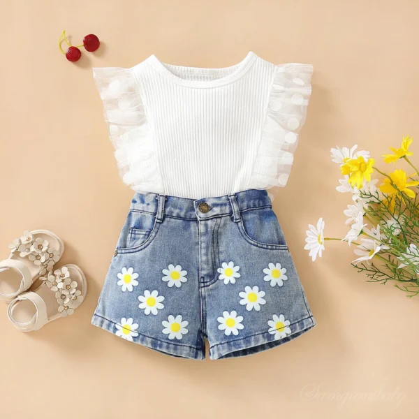 0-5Years Kids Girls Clothes Sets Summer Sleeveless Polka Dot Tulle Patchwork Tank Tops with Flower Denim Shorts Sets Girls 3t 4t
