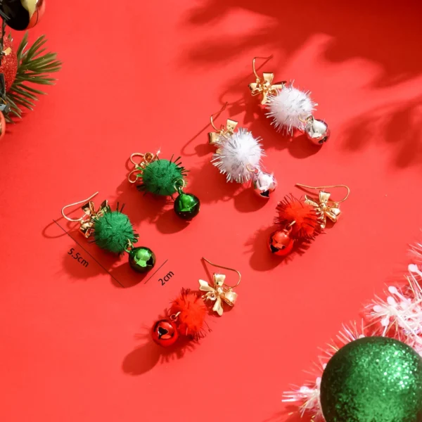 Lxalry Festive Trio-Color Pom-Pom & Bells Dangle Earrings, Velvet-Touch Lightweight Jewelry for Christmas Parties & Holiday Glam - Image 2