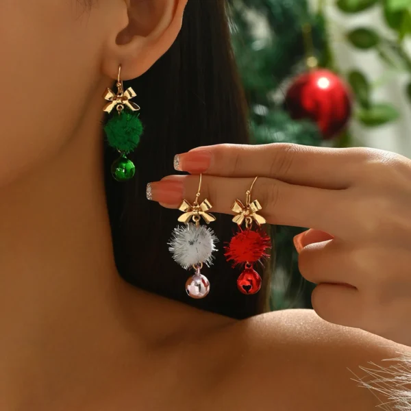 Lxalry Festive Trio-Color Pom-Pom & Bells Dangle Earrings, Velvet-Touch Lightweight Jewelry for Christmas Parties & Holiday Glam