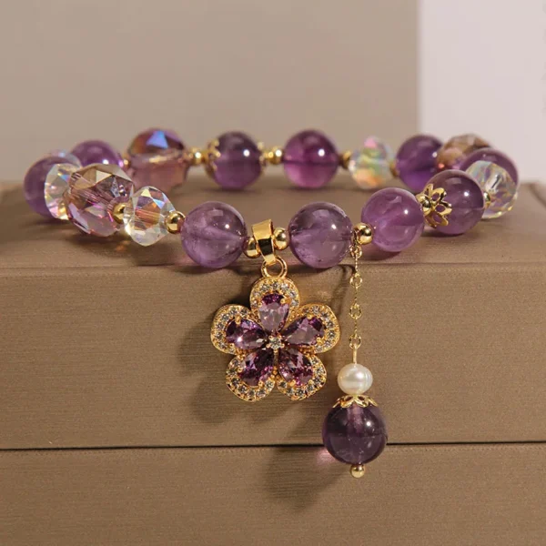 Natural Amethyst Bracelet for Women, Floral Boho Chic Crystal Beads Handmade Adjustable Student Gift, Minimalist Dainty Jewelry