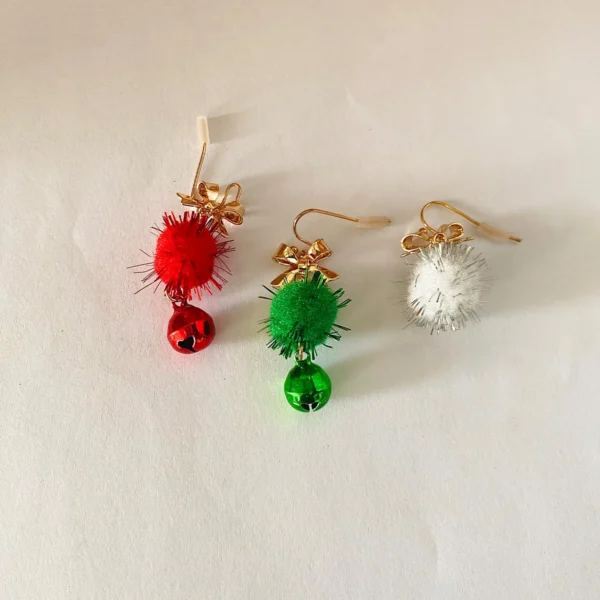 Lxalry Festive Trio-Color Pom-Pom & Bells Dangle Earrings, Velvet-Touch Lightweight Jewelry for Christmas Parties & Holiday Glam - Image 5