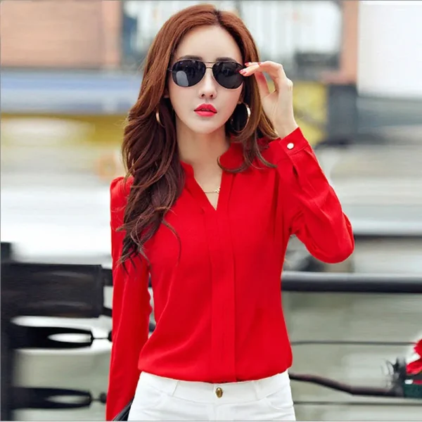Long Sleeve Shirt Women Autumn Clothing Fashion Slim Chiffon Blouse V Neck Korean Elegant Ladies Office Shirts White Red DF2324 - Image 2