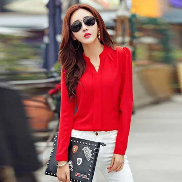 Long Sleeve Shirt Women Autumn Clothing Fashion Slim Chiffon Blouse V Neck Korean Elegant Ladies Office Shirts White Red DF2324 - Image 5