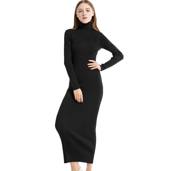 New Fashion Women Sexy Party Dress Knit Style Long Sleeve Turtleneck Winter Maxi Dress Slim Work Wear Office Dress Vestidos - Image 2