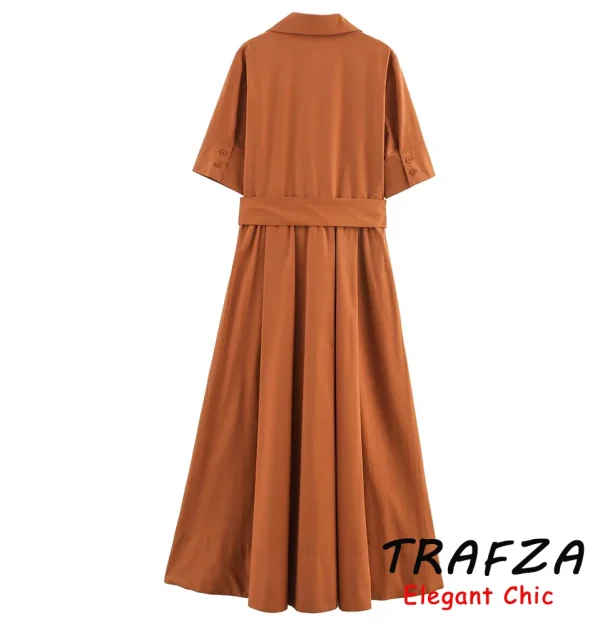 TRAFZA Women Elegant Belt Midi Dress Shirt Style Short Sleeve Slim Dress 2025 New Summer Fashion Casual Commuter Long Dress - Image 2