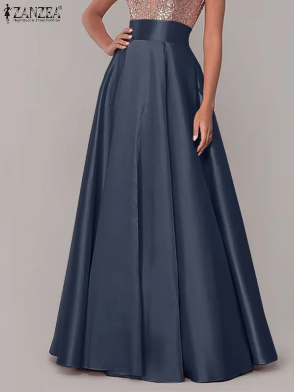 ZANZEA Bohemian Women Satin Silk Long Skirts Cotton Solid Elegant Loose Sundress Femme Elastic Waist Oversized Casual Dresses - Image 5