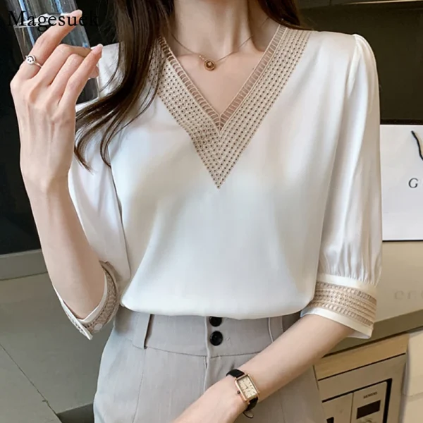 Embroidery Half Sleeve White Lace Women Blouses 2024 Autumn V-Neck Loose Chiffon Tops Shirt Office Lady Elegant Blusas 13366 - Image 2