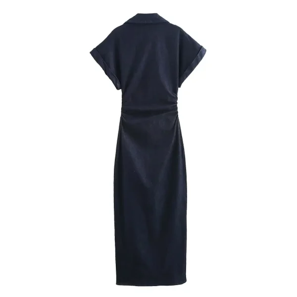 ETJ 2025 traf Spring New 1975 series denim MIDI dress with lapel side zipper fashion wrinkle waist slim elegant dress - Image 4