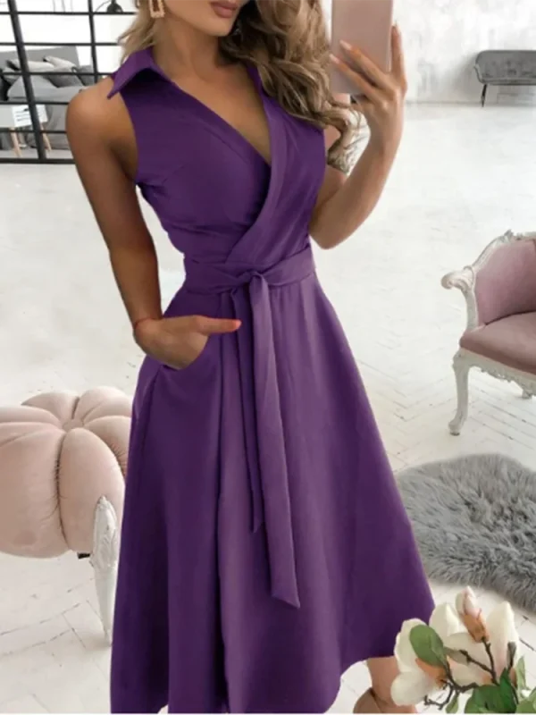 Lace Up V-neck Short Sleeved Solid Color Pocket Women's Dress Elegant Office Fashion Commuting Style Summer Dress