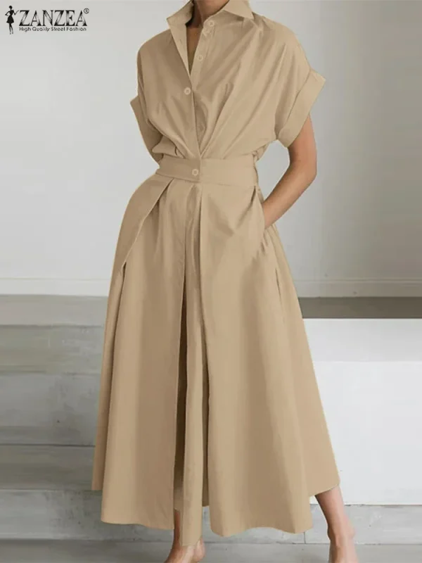 ZANZEA Women Fashion Summer Shirt Dress 2025 Elegant High Waist Short Sleeve Midi Dresses Solid Collared Robes Femme Streetwear - Image 3