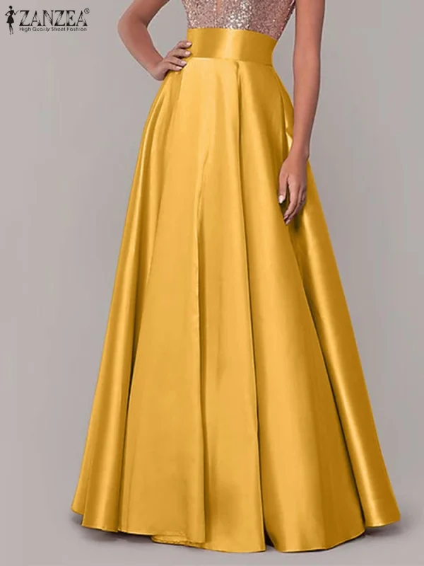 ZANZEA Bohemian Women Satin Silk Long Skirts Cotton Solid Elegant Loose Sundress Femme Elastic Waist Oversized Casual Dresses - Image 3