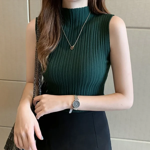 Solid Slim Thin Sleeveless Knitted Sweater 2023 Spring Summer Half High Neck Shirt for Women Elegant Casual Blouse Blusas 15662 - Image 3