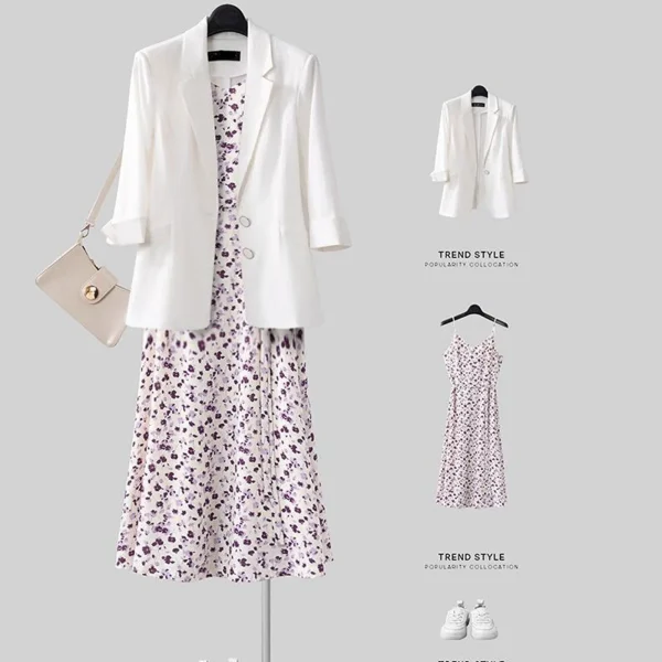 1 Pcs Women's Dresses Blazers Spaghetti Strap Floral Print Dress Solid Casual Loose Suit Jacket 2025 Spring Autumn Outerwear - Image 2