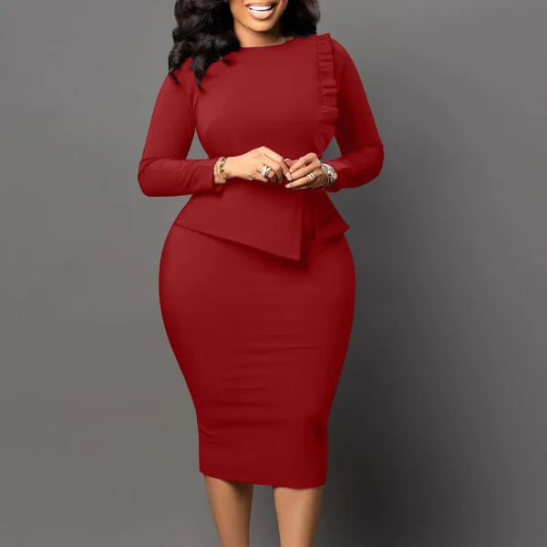 Office Workwear Women Suit Dress Ruffles Hem Long Sleeve Bodycon Wrapped Hip Short Dress Sexy Solid O-Neck Business Party Dress - Image 2
