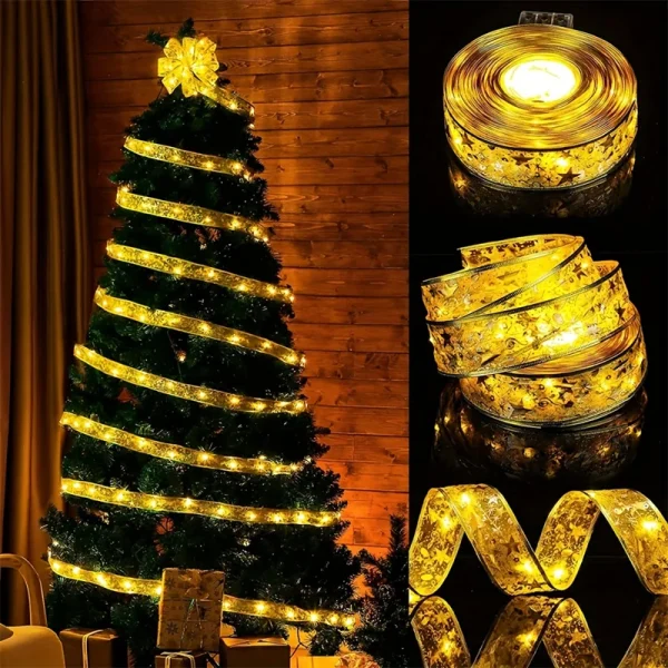 Battery Operated Christmas Ribbon with Lights Christmas Tree Accessories Indoor String Lights Decoration for Christmas New Year
