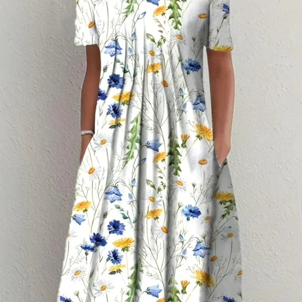 2024 New Spring And Summer Women's Elegant Large Skirt Round Neck Printed Short-sleeved Dress - Image 2