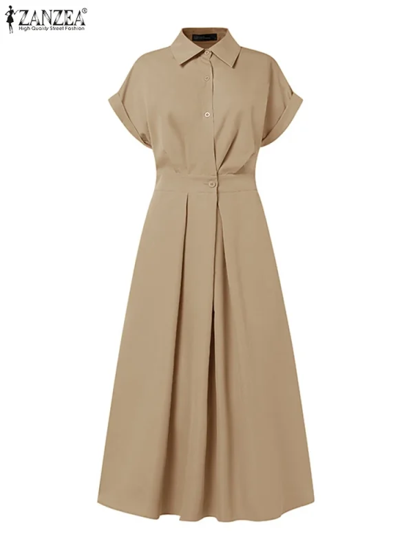 ZANZEA Women Fashion Summer Shirt Dress 2025 Elegant High Waist Short Sleeve Midi Dresses Solid Collared Robes Femme Streetwear