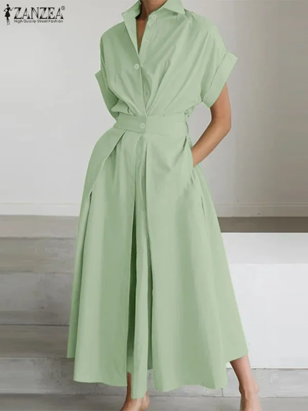 ZANZEA Women Fashion Summer Shirt Dress 2025 Elegant High Waist Short Sleeve Midi Dresses Solid Collared Robes Femme Streetwear - Image 4