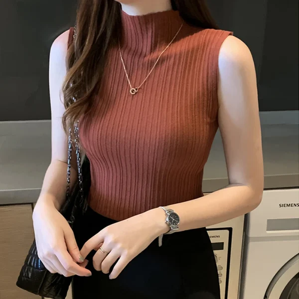 Solid Slim Thin Sleeveless Knitted Sweater 2023 Spring Summer Half High Neck Shirt for Women Elegant Casual Blouse Blusas 15662 - Image 5