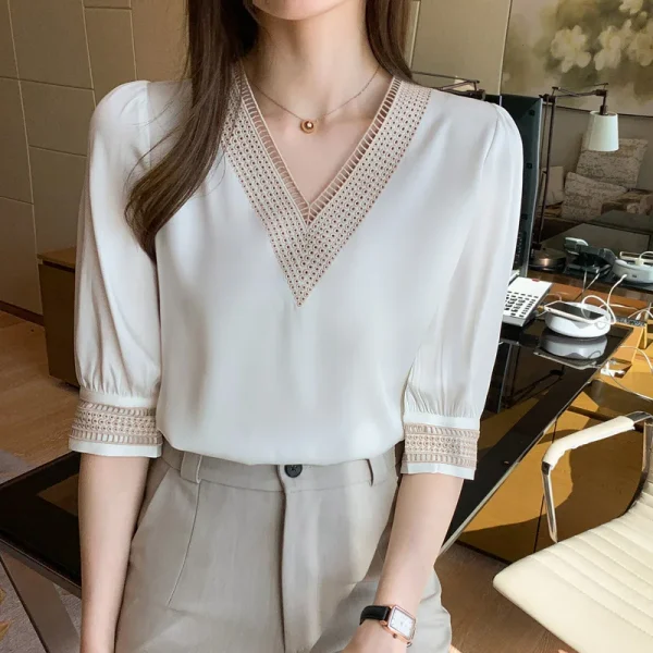 Embroidery Half Sleeve White Lace Women Blouses 2024 Autumn V-Neck Loose Chiffon Tops Shirt Office Lady Elegant Blusas 13366 - Image 5