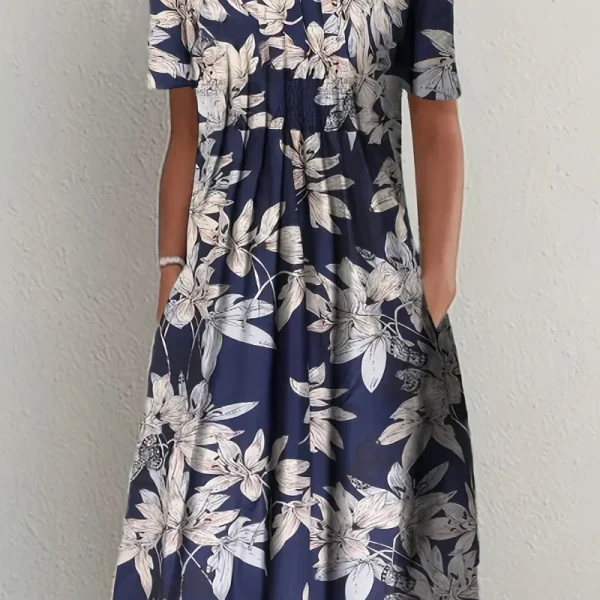 2024 New Spring And Summer Women's Elegant Large Skirt Round Neck Printed Short-sleeved Dress - Image 4