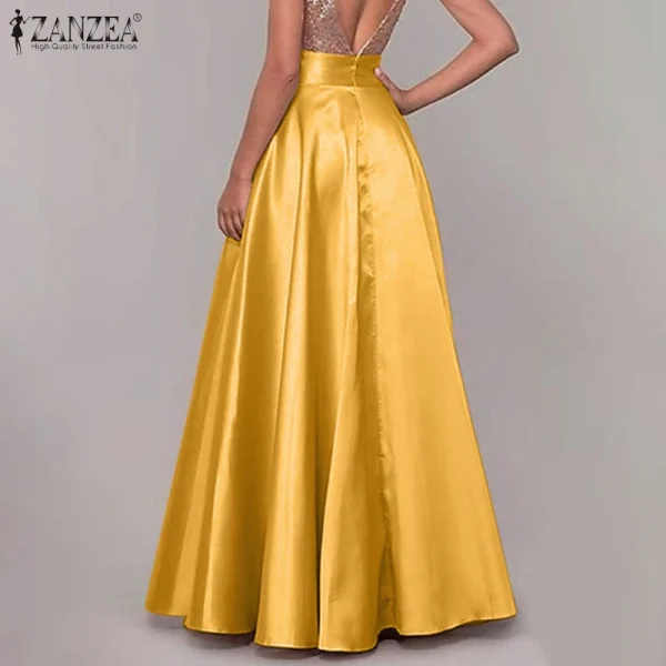 ZANZEA Bohemian Women Satin Silk Long Skirts Cotton Solid Elegant Loose Sundress Femme Elastic Waist Oversized Casual Dresses - Image 4