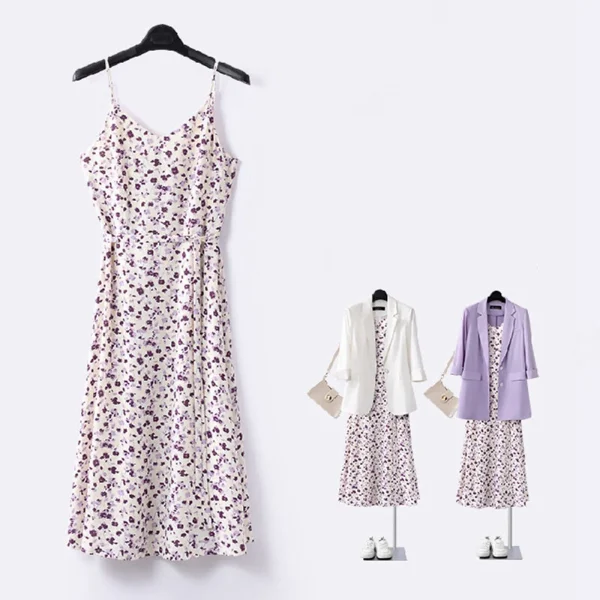 1 Pcs Women's Dresses Blazers Spaghetti Strap Floral Print Dress Solid Casual Loose Suit Jacket 2025 Spring Autumn Outerwear - Image 4