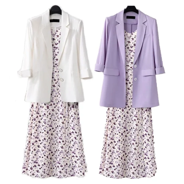 1 Pcs Women's Dresses Blazers Spaghetti Strap Floral Print Dress Solid Casual Loose Suit Jacket 2025 Spring Autumn Outerwear