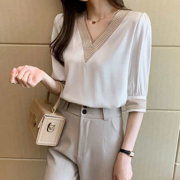 Embroidery Half Sleeve White Lace Women Blouses 2024 Autumn V-Neck Loose Chiffon Tops Shirt Office Lady Elegant Blusas 13366 - Image 3