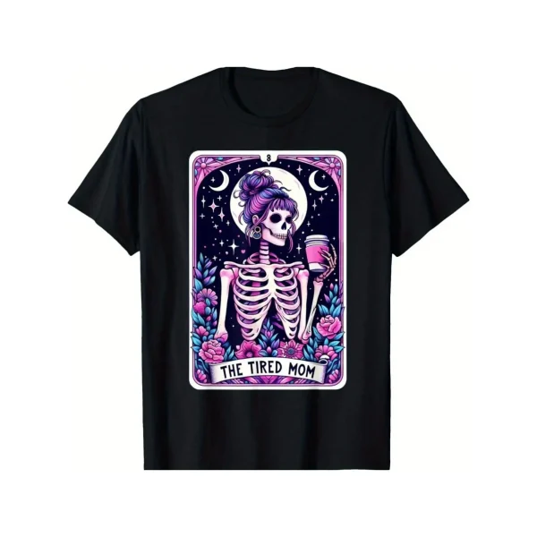 Tired Mom Tarot Skull Mother's Day Skull Coffee T-shirt, Unisex, Mother's Day Gift, 100% Cotton, 180g Fabric Weight, Machine Was
