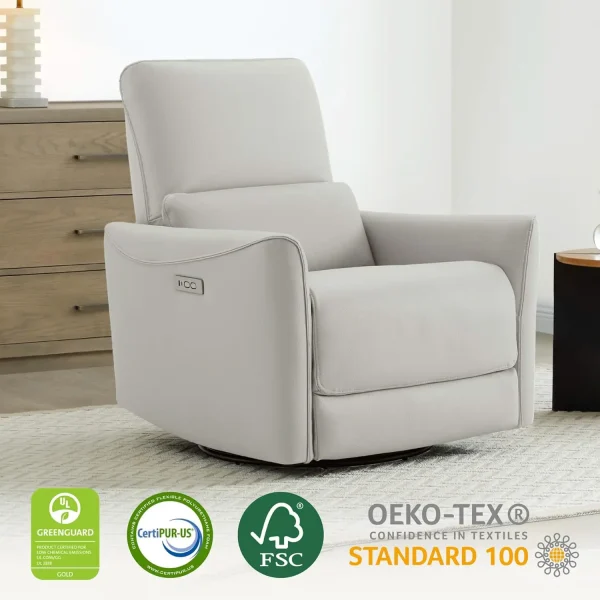 Power Recliner Chair Swivel Glider, FSC Certified Upholstered Faux Leather Living Room Nursery Reclining Sofa Chair Cream - Image 4