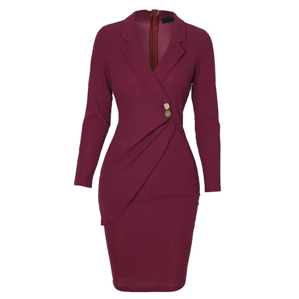 European And American Style Elegant Party Dresses For Teens 2024 Solid Turn Down Neck Long Sleeve Work Formal Dress - Image 6