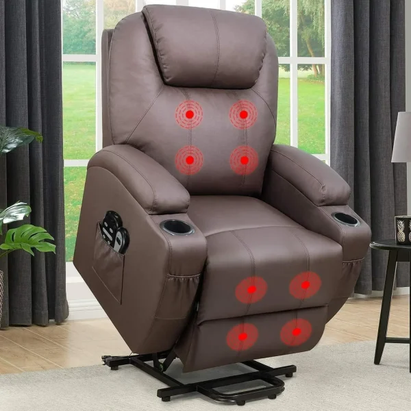 Power Lift Recliner Chair PU Leather with Massage for Elderly Ergonomic Lounge Chair Classic Single Sofa (Leather, Brown)