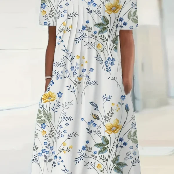 2024 New Spring And Summer Women's Elegant Large Skirt Round Neck Printed Short-sleeved Dress - Image 3