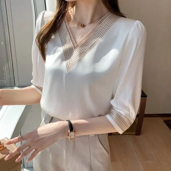 Embroidery Half Sleeve White Lace Women Blouses 2024 Autumn V-Neck Loose Chiffon Tops Shirt Office Lady Elegant Blusas 13366 - Image 4