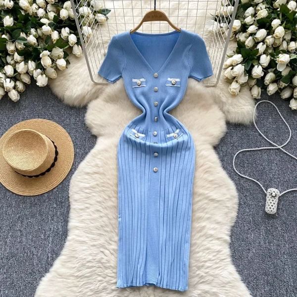 Chic Fashion Sexy Wrap Hips Knitted Dress Women V-neck Short Sleeve Bodycon Pleated Sweater Dress Office Lady Vestios