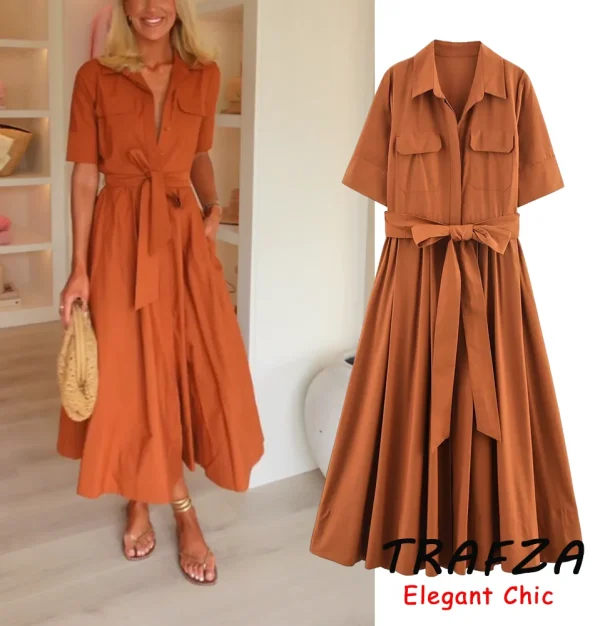 TRAFZA Women Elegant Belt Midi Dress Shirt Style Short Sleeve Slim Dress 2025 New Summer Fashion Casual Commuter Long Dress
